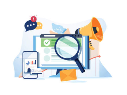 Search result optimization SEO marketing analytics flat vector banner with icons. SEO performance, targeting and monitoring, search results website templates. Modern website concept business solutions
